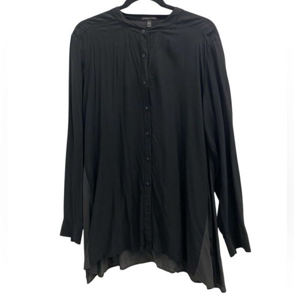 Eileen Fisher Black Silk Two Tone Button Down Tunic Mandarin Collar Size Medium - Picture 1 of 12